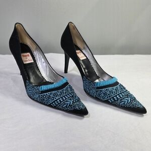 Vintage Red by Ramon Tenza Black Satin Stiletto Heels w/Turquise Embroidery. 7